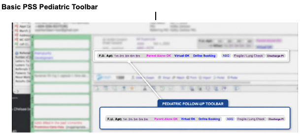 Original basic PSS Pediatric Toolbar showing follow-up, appointment, and questionnaire buttons